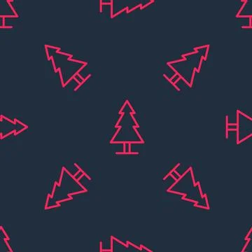 Red line Tree icon isolated seamless pattern on black background. Forest symbol Stock Illustration