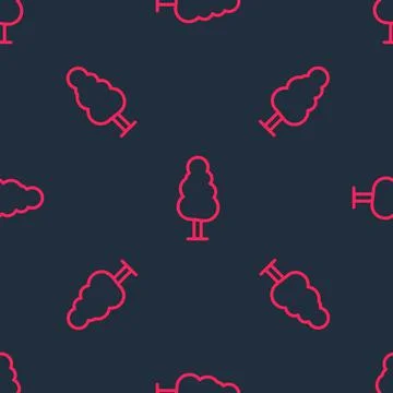Red line Tree icon isolated seamless pattern on black background. Forest symbol Stock Illustration