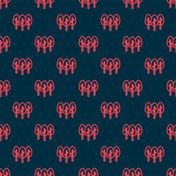 Red line Tree icon isolated seamless pattern on black background. Forest symbol Illustrazione stock