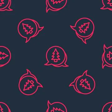 Red line Tree icon isolated seamless pattern on black background. Forest symb Stock Illustration