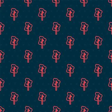 Red line Tree icon isolated seamless pattern on black background. Forest symb Stock Illustration