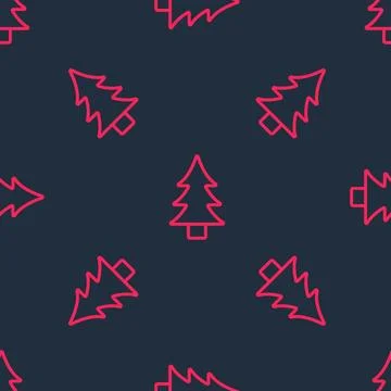 Red line Tree icon isolated seamless pattern on black background. Forest symbol Stock Illustration