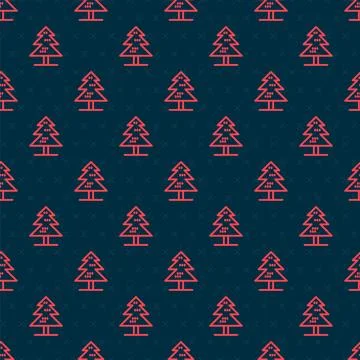 Red line Tree icon isolated seamless pattern on black background. Forest symb Stock Illustration