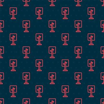 Red line Tree icon isolated seamless pattern on black background. Forest symb Stock Illustration
