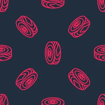 Red line Tree rings icon isolated seamless pattern on black background. Wooden Illustrazione stock
