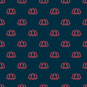 Red line Trees icon isolated seamless pattern on black background. Forest symbol Stockillustratie