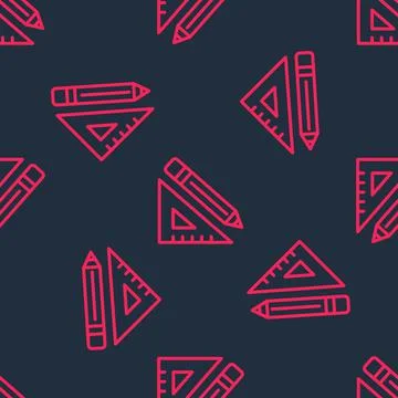 Red line Triangular ruler and pencil icon isolated seamless pattern on black  Stockillustratie