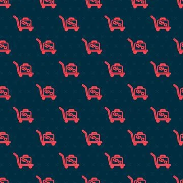Red line Trolley suitcase icon isolated seamless pattern on black backgroun.. Illustrazione stock