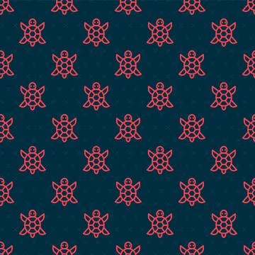 Red line Turtle icon isolated seamless pattern on black background. Vector 스톡 일러스트