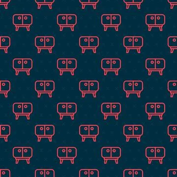 Red line TV table stand icon isolated seamless pattern on black background Stock Illustration