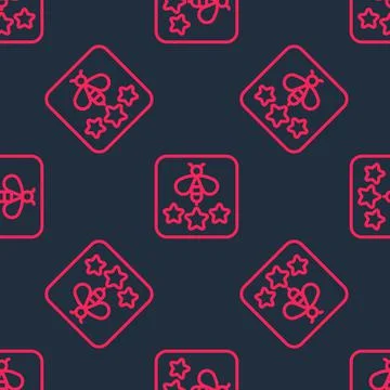 Red line Type of bee icon isolated seamless pattern on black background. Swee Stock Illustration