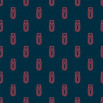 Red line USB flash drive icon isolated seamless pattern on black background Illustrazione stock