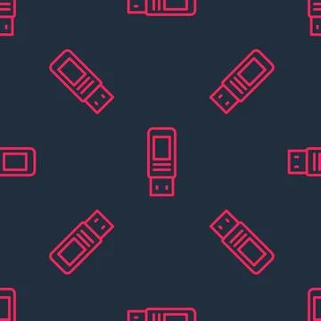 Red line USB flash drive icon isolated seamless pattern on black background Illustrazione stock