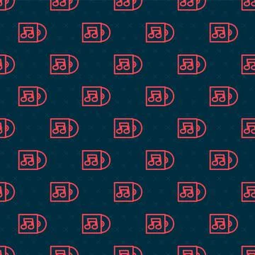 Red line Vinyl disk icon isolated seamless pattern on black background. Vector Stock Illustration