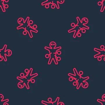 Red line Voodoo doll icon isolated seamless pattern on black background. Happy Stockillustratie