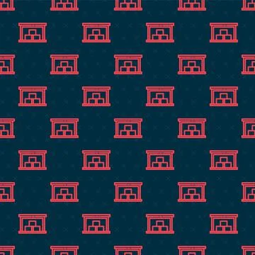 Red line Warehouse icon isolated seamless pattern on black background. Vector Stock Illustration