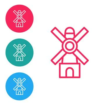 Red line Windmill icon isolated on white background. Set icons in circle buttons Stock Illustration