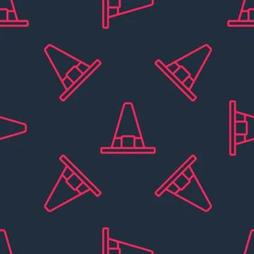 Red line Witch hat icon isolated seamless pattern on black background. Happy Stock Illustration