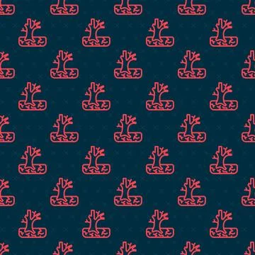 Red line Withered tree icon isolated seamless pattern on black background. Bare Stock Illustration