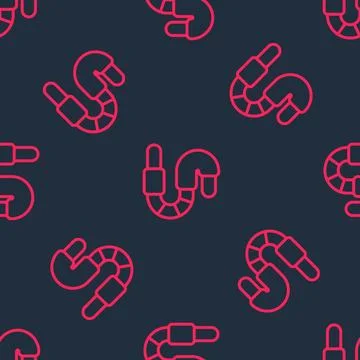 Red line Worm icon isolated seamless pattern on black background. Fishing tackle Illustrazione stock