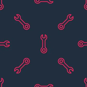 Red line Wrench spanner icon isolated seamless pattern on black background 스톡 일러스트
