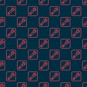 Red line Wrench spanner icon isolated seamless pattern on black background 스톡 일러스트