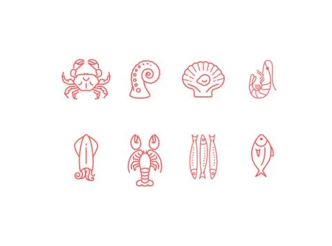 Red linear seafood icon set, flat design Stock Illustration