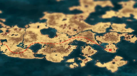 Red lines follow travel path on 3D view of vintage desert treasure map Vidéo 62391344
