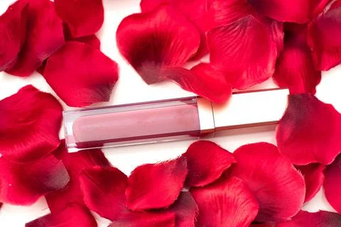 Red lip gloss between the red petals Stock Photos