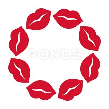 Red lips arranged in circular wreath shape. Simple flat vector design Stock Illustration