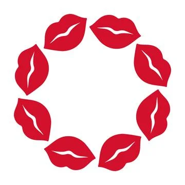 Red lips arranged in circular wreath shape. Simple flat vector design Stock Illustration