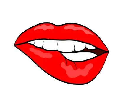 Red lips biting retro pop art comic style icon isolated on white background. Stock Illustration