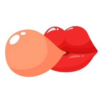 Red lips blowing a chewing gum bubble on white background Stock Illustration