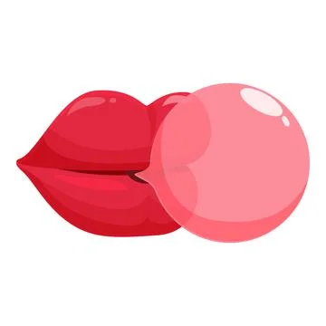 Red lips blowing pink bubble gum on white background Stock Illustration