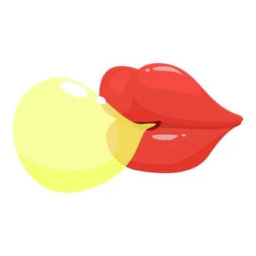 Red lips blowing yellow bubble gum, chewing gum bubble, girl chewing bubble g Stock Illustration