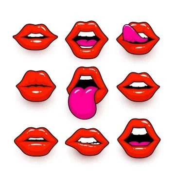 Red lips, a collection of different shapes. Vector Illustrazione stock
