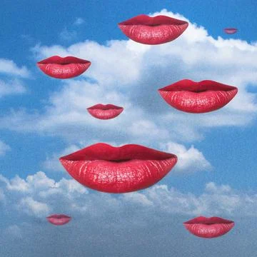 Red lips flying floating in a blue sky Stock Illustration
