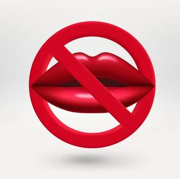 Red lips icon in red circle with crossed line. No kiss concept. 3d vector ico Illustrazione stock