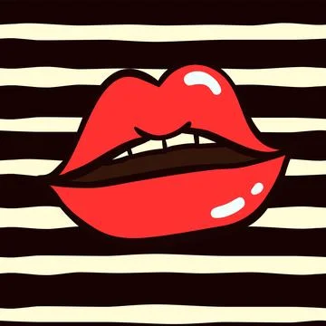 Red lips isolated on striped background. Bright cartoon pop trendy art Stock Illustration