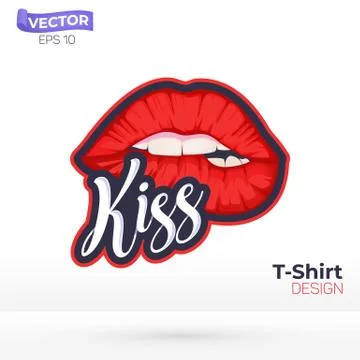 Red Lips with Kiss Text Vector T-shit Design Stock Illustration