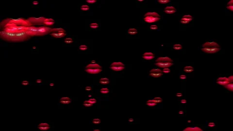 Red Lips Pattern On Black Background With Floating Kiss Marks And Lipstick .. Stock Footage 330503228