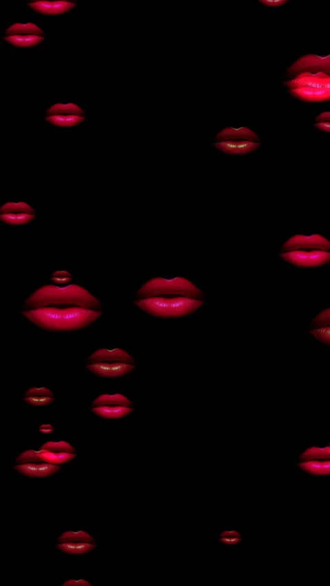Red Lips Pattern On Black Background With Floating Kiss Marks And Lipstick .. Stock Footage 337738351