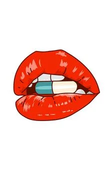 Red lips with pills on white background. Medicine on mouth Stock Illustration