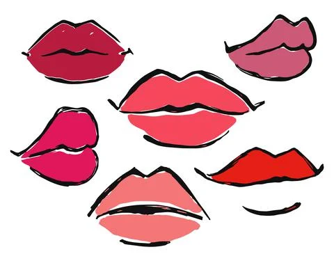 Red lips set hand drawn with ink paint brush Stock Illustration