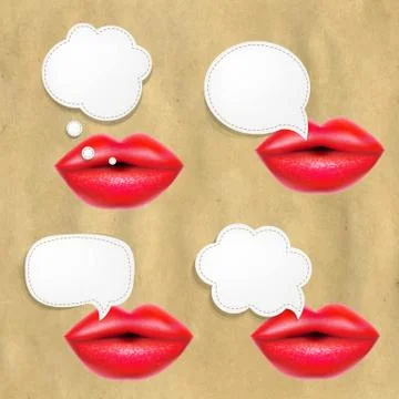 Red lips set with speech bubbles Stock Illustration