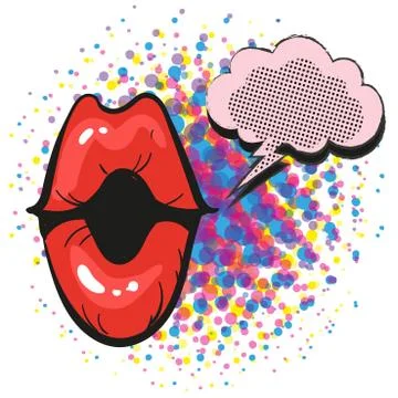 Red lips with speach bubble female mouth in pop art style for advertising Stock Illustration