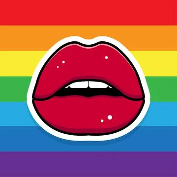 Red lips on a striped multi-colored background. Cartoon sticker. LGBT Pride イラスト素材