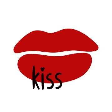 Red lips, vector doodle. Lettering kiss. Hand drawn doodles in color. Isolate Stock Illustration