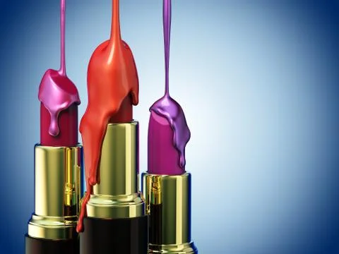 Red lipstick and multi-colored droplet nail polish on blue background. Stock Illustration