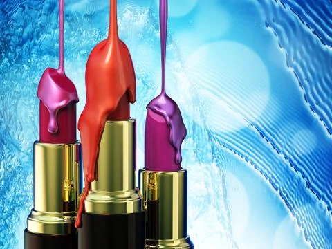 Red lipstick and multi-colored droplet nail polish on blue bokeh background. Illustrazione stock